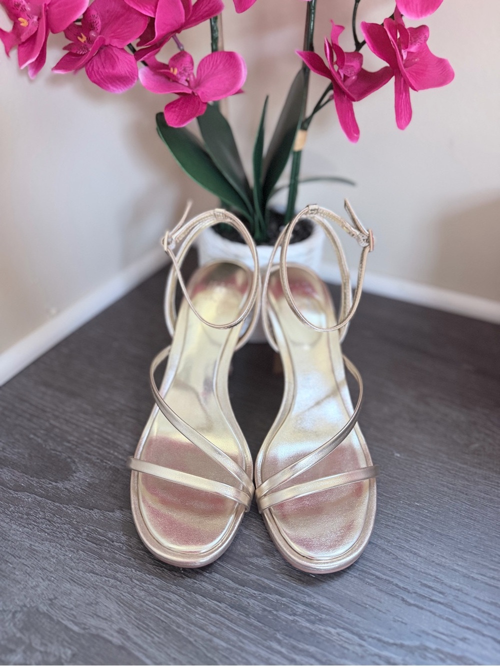 Gold Strappy Ankle-Wrap Sandals - Women's Elegant Evening Shoes